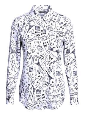 KARL LAGERFELD Womens (L) Paris Sketch Printed Blouse White/Black